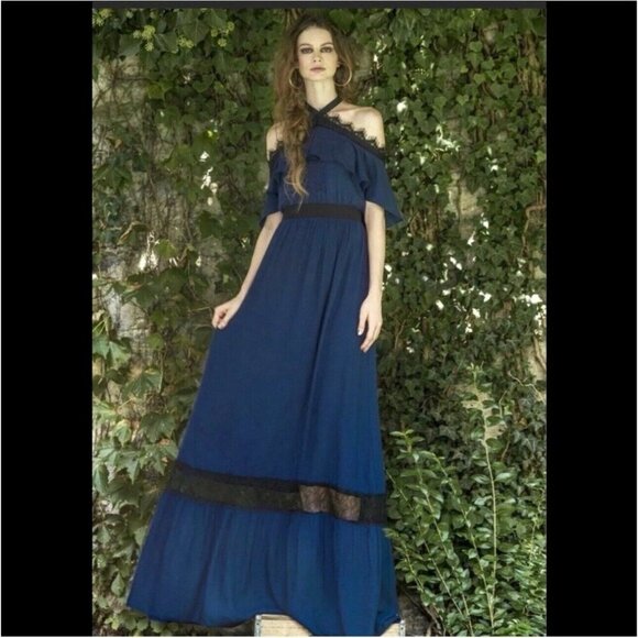 Alice + Olivia Navy Mitsy Lace Trim Maxi Dress Women’s 4 READ - Picture 3 of 12
